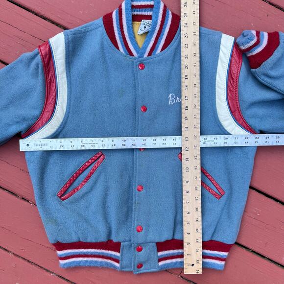 True Vintage Rams Brad Varsity Jacket School Letterman Blue Shoulder Stripe Wool - Picture 16 of 16